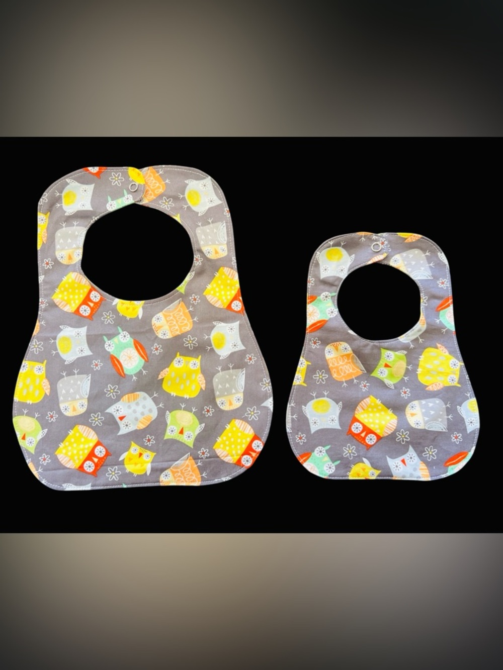 Playful Kids Owl Print Bib - Gray with Yellow & Orange Accents